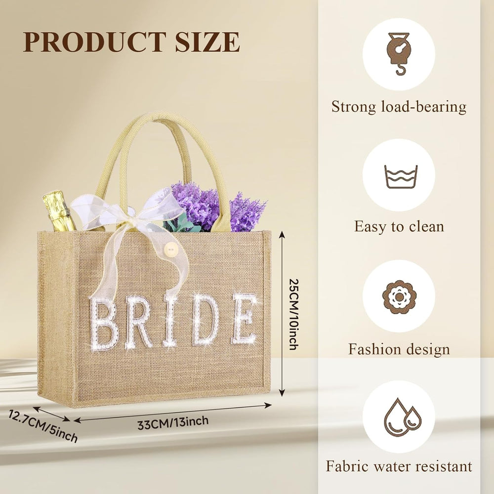 Bride Tote Bag Large Jute Tote Natural Wedding Shower Gift Bag with Gold Diamond &Ribbon Bridal Gifts for Bride to Be, Future Mrs, Engagement, Bachelorette Party Gift（Gold Outline）