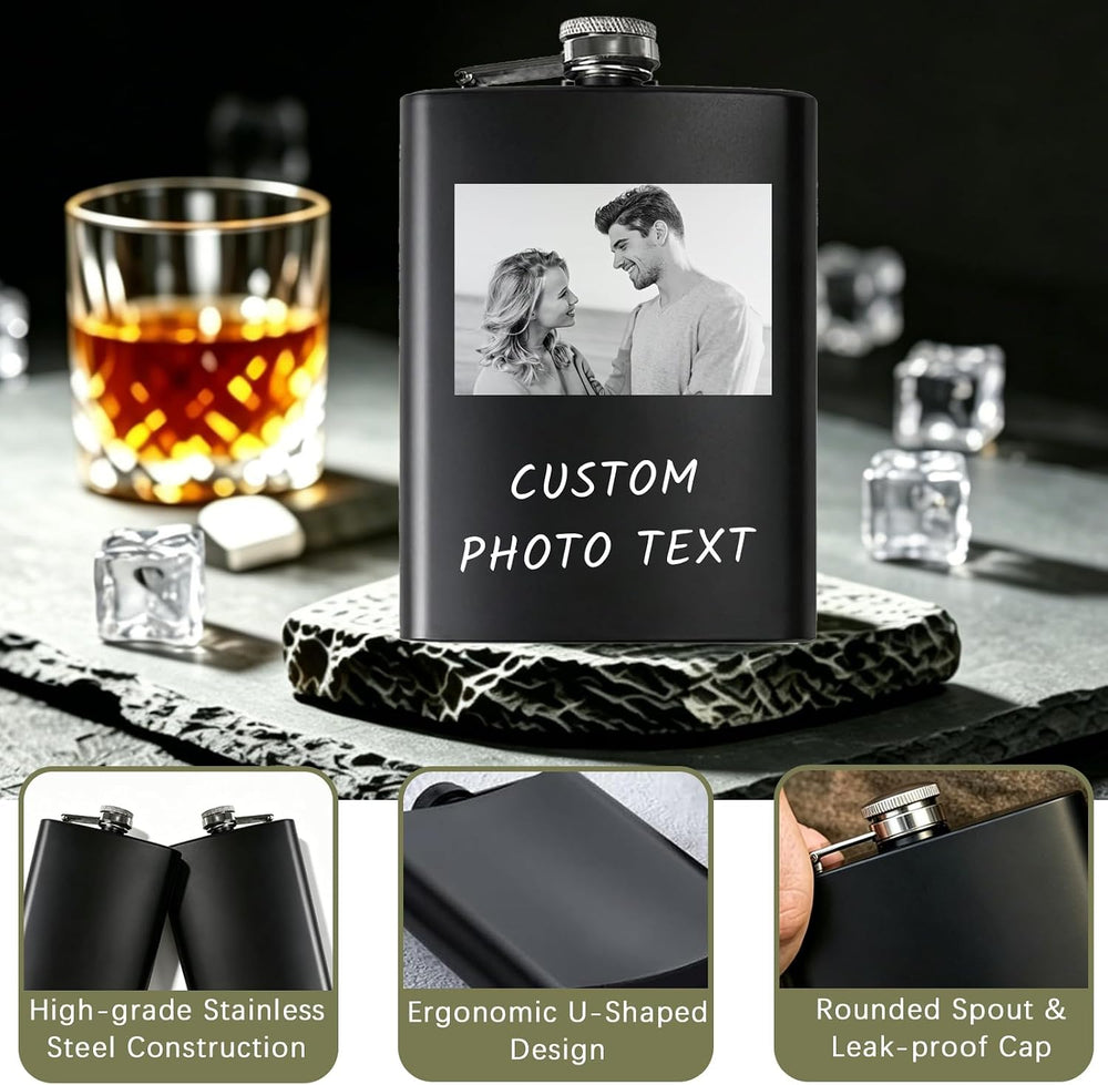 Personalized Custom Flask for Men, 8oz Engraved Stainless Steel Hip Flask with Photo & Text, Customized Liquor Flask for Dad, Husband, Groomsmen (custom flask 2)