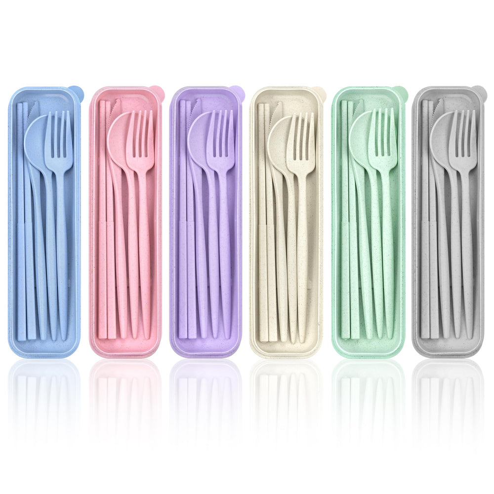 DISSKNIC Reusable Travel Utensils with Case, 4 Sets Wheat Straw Portable Cutlery Set Chopsticks Knives Fork and Spoon for Lunch Box Accessories, Camping Flatware Sets for Daily Use or Outdoor