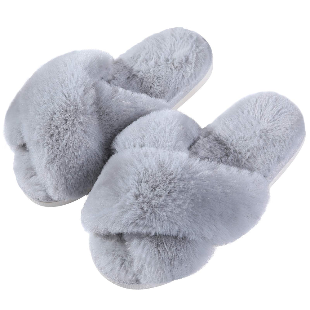 Evshine Women's Fuzzy Slippers Cross Band Memory Foam House Slippers Open Toe