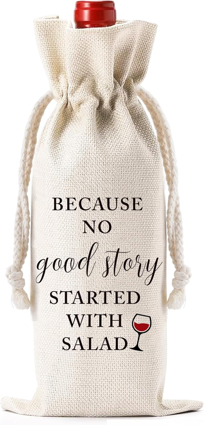 GiftoBi Reusable Burlap Wine Bag with Drawstring, 'Because No Good Story Started with Salad', Beige, 32*14cm, Multiple Occasions