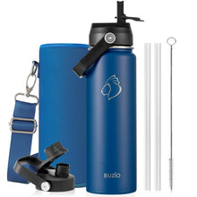 BUZIO 40oz Insulated Water Bottle, Triple Wall Vacuum Stainless Steel Water Flask with 2 lids, Lead-Free BPA-Free Straw Lid Sports Canteen Jug, Cold 48H & Hot 24H- Black