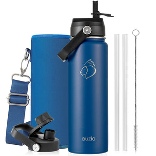 BUZIO 40oz Insulated Water Bottle, Triple Wall Vacuum Stainless Steel Water Flask with 2 lids, Lead-Free BPA-Free Straw Lid Sports Canteen Jug, Cold 48H & Hot 24H- Black