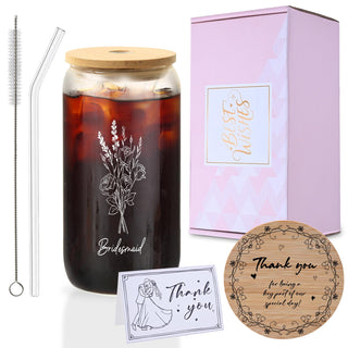 Mr. & Mrs. Glass Tumbler Set, 16oz Glass Cups with Bamboo Lids, Straws & Coasters, Bridal Shower & Wedding Thank You Gift for Couples