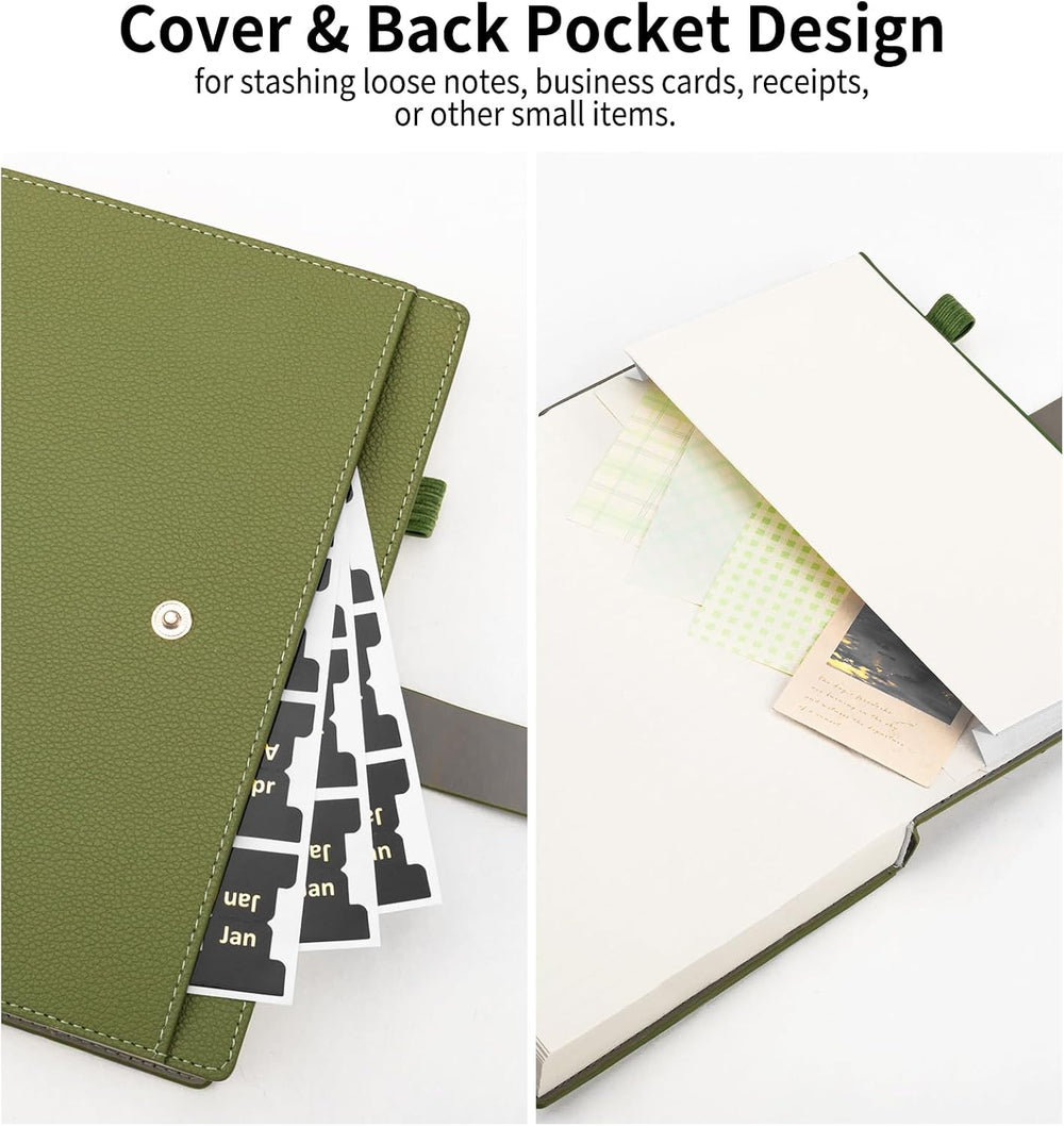A5 Lined Leather Journal Notebook, Hardcover Journal Set with Pen, Monthly Index Tabs and Gift Box, 320 Pages 100GSM Thick Paper, Thick Daily Diary, Journal for Women, Men, School, Travel, Work(Green)