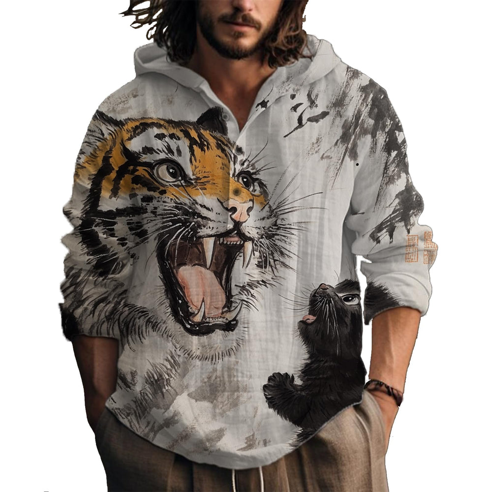 MARSVOVO Hooded Long Sleeve Shirt Men Fashion Graphic Button Up Lightweight Big and Tall Casual Vacation Shirts for Men