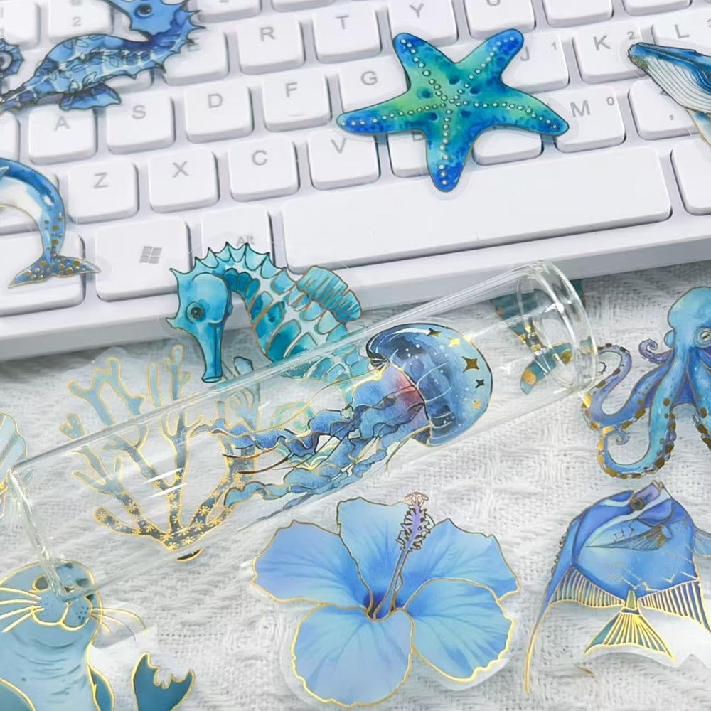 Cute Marine Life Gold-Embossed Waterproof Stickers for Water Bottle, 50PCS Cool Marine Creatures Transparent Stickers Pack for Laptop, Scrapbook, Ocean Animal Blue Golden Decals Gift