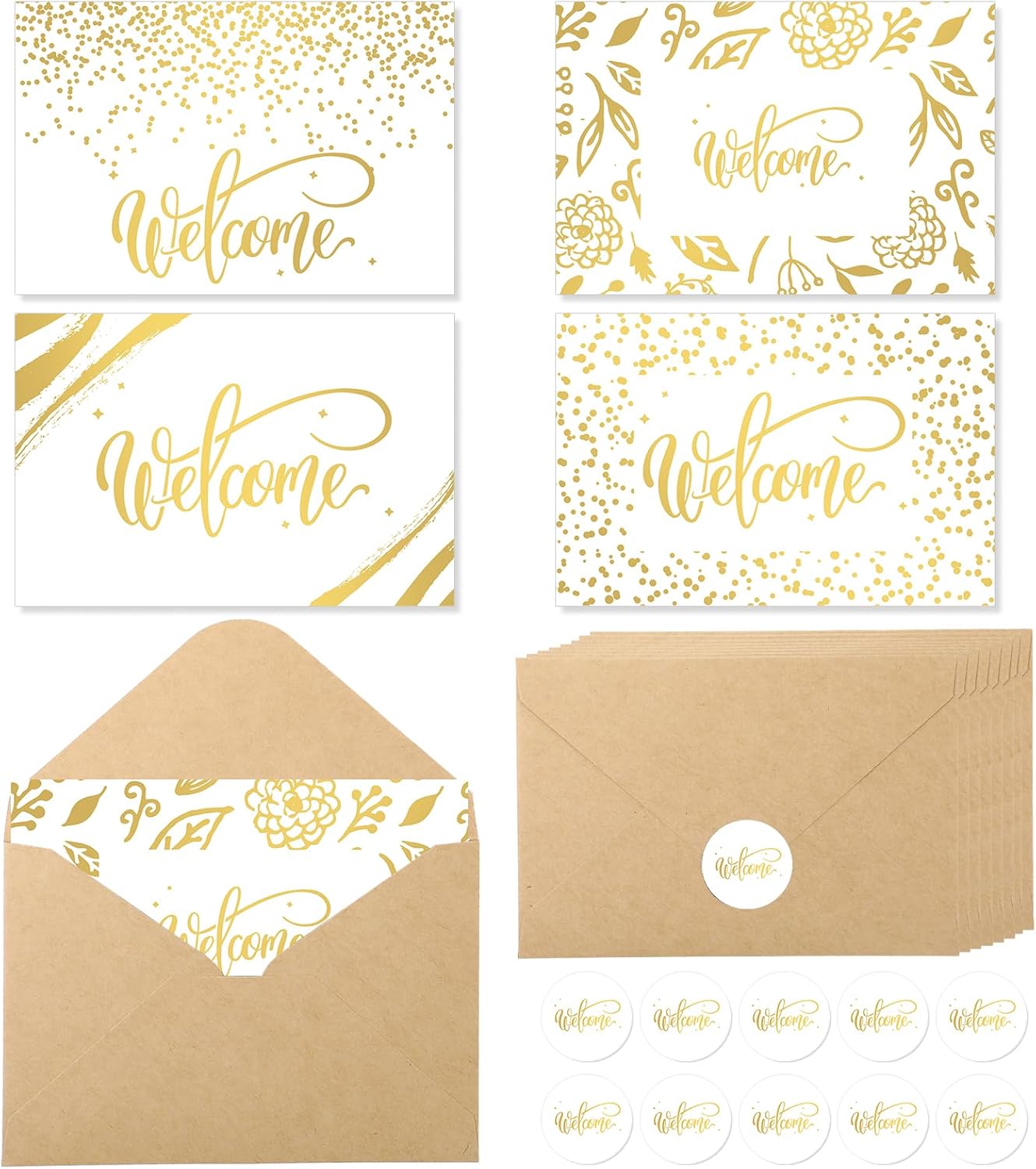 Fumete 48 Sets Welcome Cards Bulk with Kraft Envelopes and Stickers for Guest Employee Greeting Cards Assorted Paper for Birthday Business Wedding New Home Baby Shower(White)