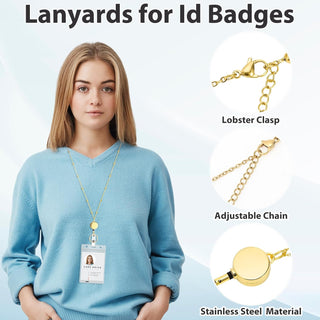 Lanyards for Id Badges Stainless Steel Badge Lanyard with 2 Pcs Waterproof Badge Holder Retractable Badge Reels Teacher Gifts Lanyard for Cruise Ship Key Cards (Gold)
