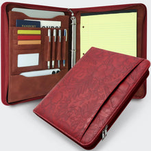 Embossed Faux Leather Zippered Padfolio with 3 Ring Binder, Executive Portfolio Organizer Binder for Women, Fits 13.9" Laptop/Tablet, Refillable Writing Pad Pocket, Green