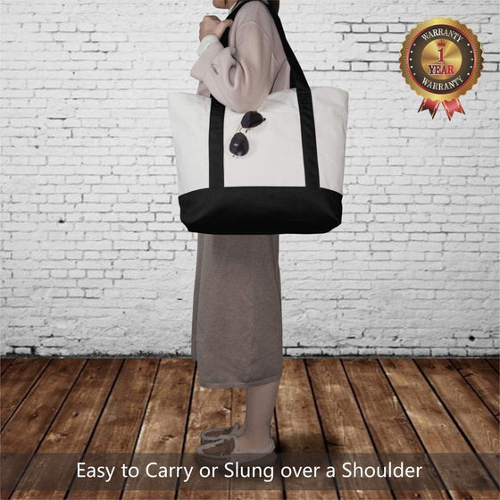 TOPDesign 1 | 3 | 6 | 30 Pack Canvas Tote Bag with an External Pocket, Reusable Grocery Shopping Bag, Top Zipper Closure, Daily Essentials (Black/Natural Pack of 1) - hover image