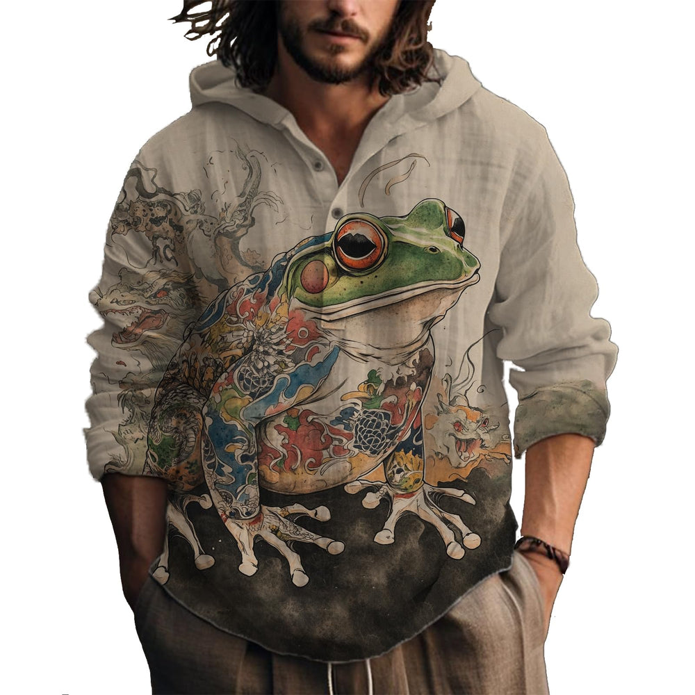 MARSVOVO Hooded Long Sleeve Shirt Men Fashion Graphic Button Up Lightweight Big and Tall Casual Vacation Shirts for Men