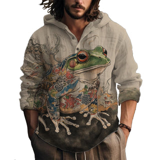 MARSVOVO Hooded Long Sleeve Shirt Men Fashion Graphic Button Up Lightweight Big and Tall Casual Vacation Shirts for Men
