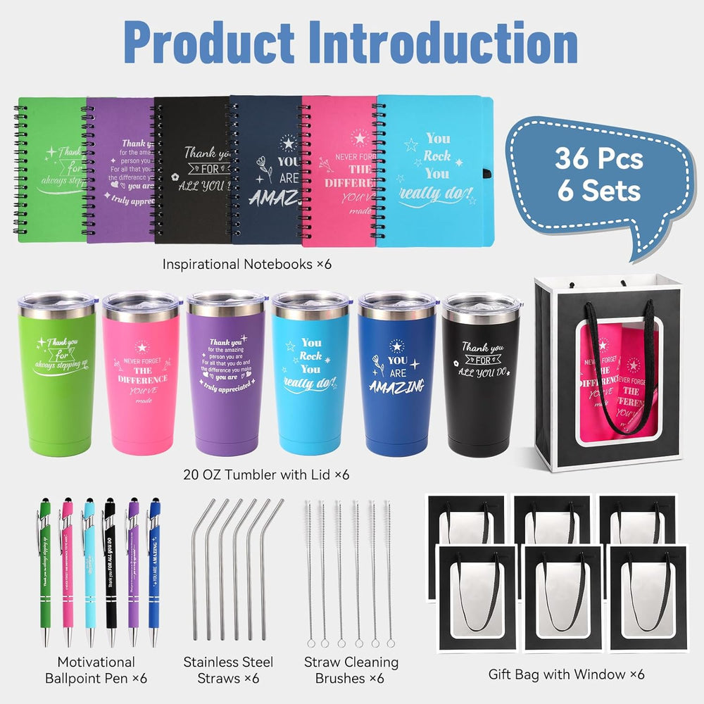6 Set/36 Pcs Teacher Employee Appreciation Gifts Bulk - 20 Oz Insulated Tumblers, Steel Straw & Cleaner, Gift Bag, Inspirational Notebook, Motivational Pen - Thank You Gift for Coworker, Nurses