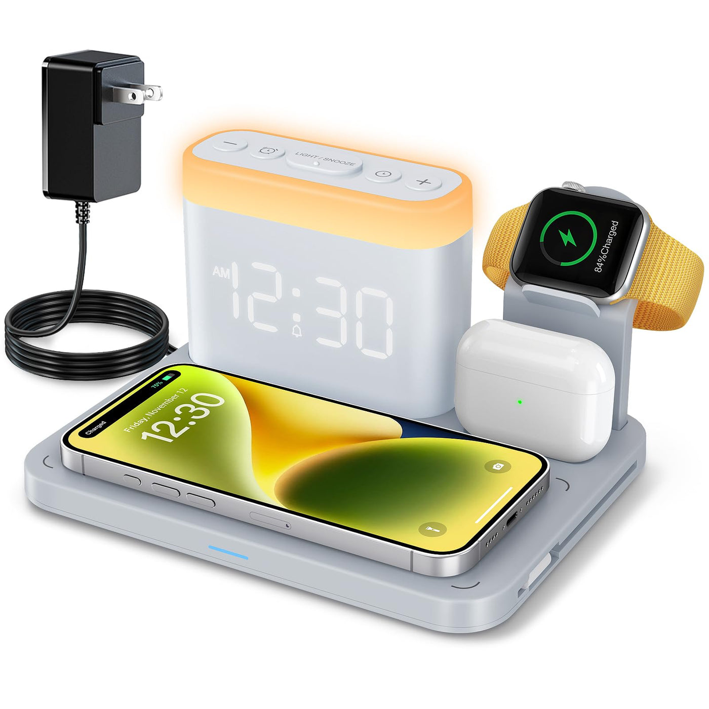 ANJANK Wireless Charging Station,5 in 1 Multiple Charger Stand with Alarm Clock,7 Night Light,Magnetic Charging Dock for iPhone 17 16 15 14 13 12 Pro Max Plus,Apple Watch 11/10/9/8,for Airpods,Bedroom
