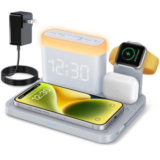ANJANK Wireless Charging Station,5 in 1 Multiple Charger Stand with Alarm Clock,7 Night Light,Magnetic Charging Dock for iPhone 17 16 15 14 13 12 Pro Max Plus,Apple Watch 11/10/9/8,for Airpods,Bedroom