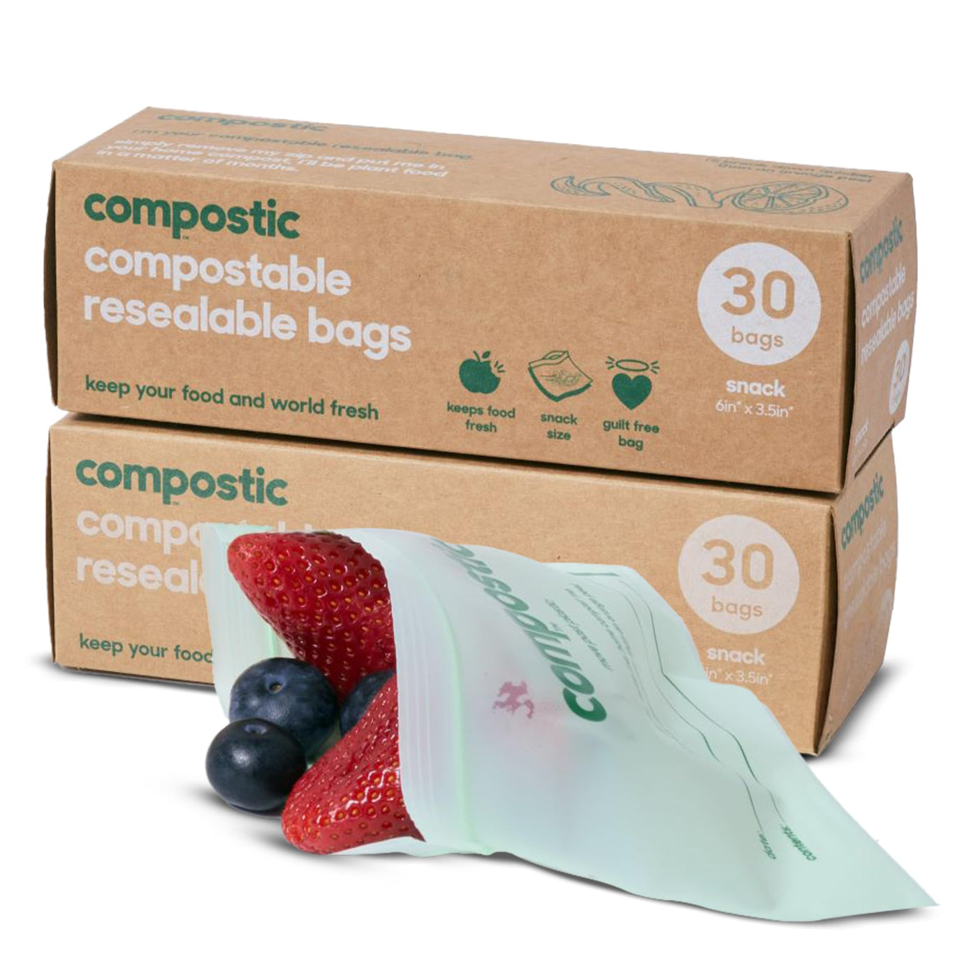 Compostic Compostable Snack Bags, Snack Size (60 Count) Starter Pack — Resealable Zip-Seal, Plant-Based, Home Compostable, Freezer Safe, BPA-Free, Non-Toxic, GMO-Free Food Storage Bags