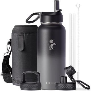 Water Bottle 40 oz Insulated with Straw&Brush, Coolflask Vaccum Stainless Steel Metal 3 Lids Water Flask for Sports, Gym or Office, Keep Cold 48H Hot 24H, Magic Black