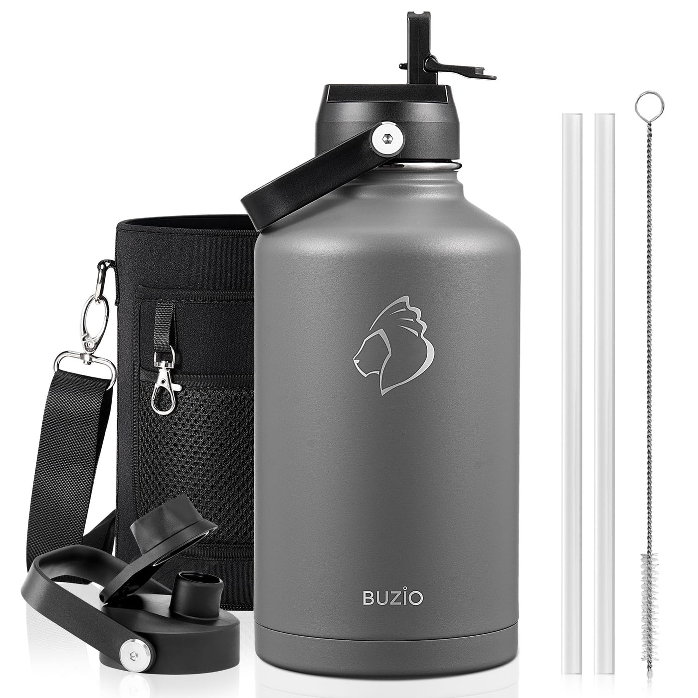 BUZIO 40oz Insulated Water Bottle, Triple Wall Vacuum Stainless Steel Water Flask with 2 lids, Lead-Free BPA-Free Straw Lid Sports Canteen Jug, Cold 48H & Hot 24H- Black