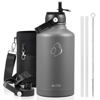 BUZIO 40oz Insulated Water Bottle, Triple Wall Vacuum Stainless Steel Water Flask with 2 lids, Lead-Free BPA-Free Straw Lid Sports Canteen Jug, Cold 48H & Hot 24H- Black