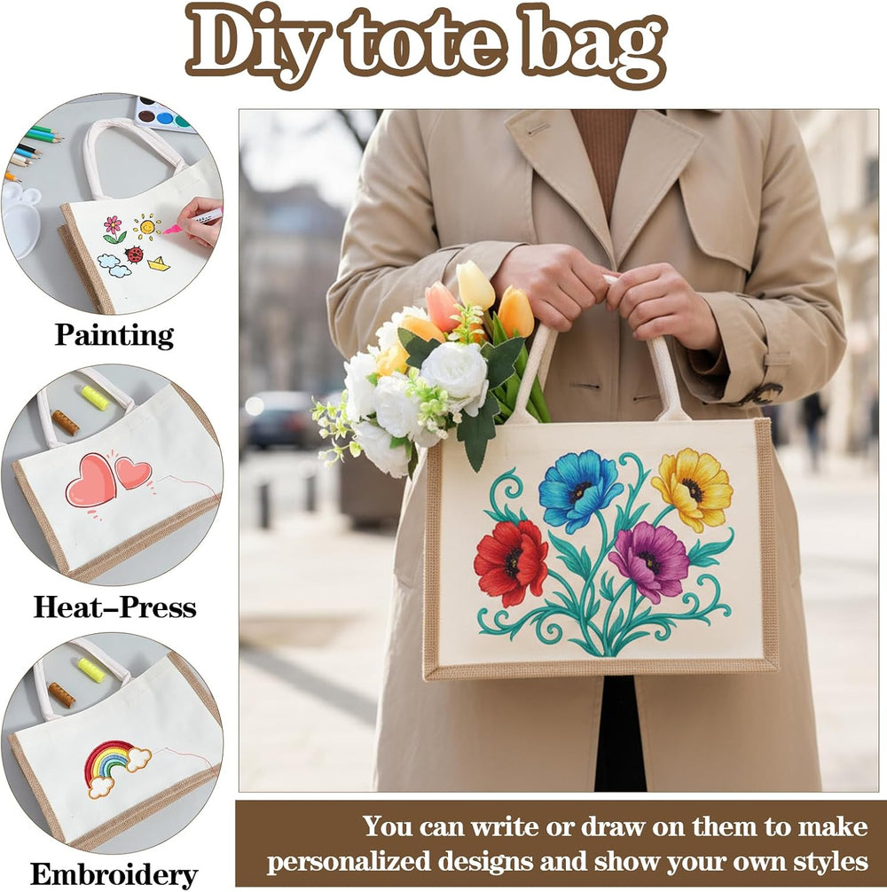 4 Sets Natural Burlap Tote Bags with Handles & Canvas Makeup Pouch, Reusable Jute Tote Bag for Wedding, Beach, Shopping, DIY Craft Blank Burlap Gift Bags with Handles