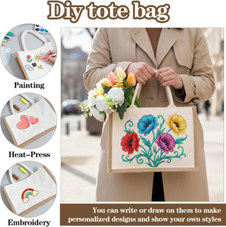 4 Sets Natural Burlap Tote Bags with Handles & Canvas Makeup Pouch, Reusable Jute Tote Bag for Wedding, Beach, Shopping, DIY Craft Blank Burlap Gift Bags with Handles