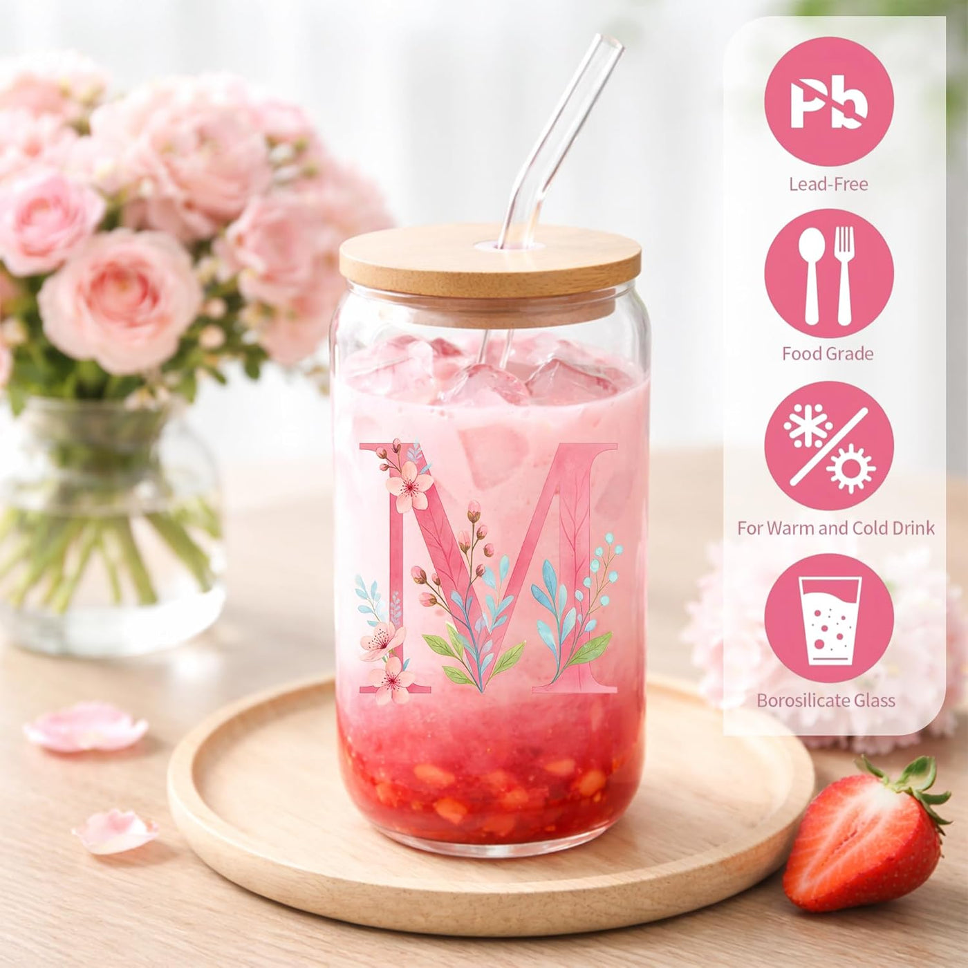 Personalized Initial Glass Cup Gift Set for Women, Custom Monogram Cup with Lid and Straw, Matching Keychain & Card, Bridesmaid or Birthday Gift for Women Friend Sister (Letter S)
