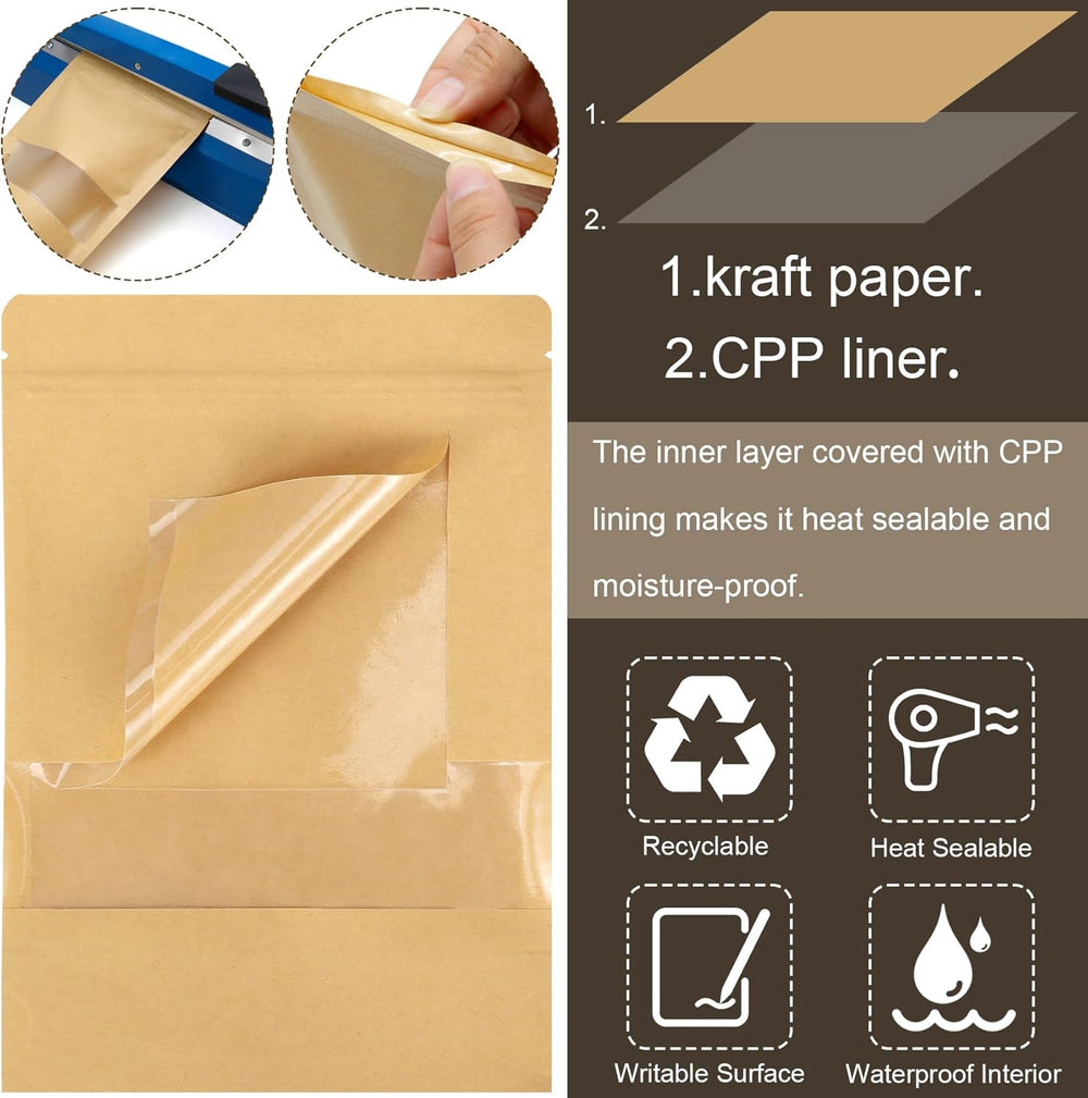 Blisstime 50 Pack Kraft Paper Stand Up Pouch Bags, Resealable Bag with Transparent Window and Tear Notch for Multipurpose Storage (5.5 X 7.9 Inches)
