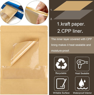 Blisstime 50 Pack Kraft Paper Stand Up Pouch Bags, Resealable Bag with Transparent Window and Tear Notch for Multipurpose Storage (5.5 X 7.9 Inches)
