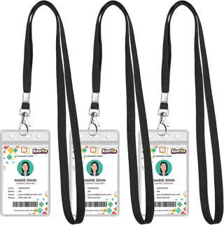 Koorito 3 Pack Clear ID Badge Holder with Lanyard Black Lanyards with Vertical Waterproof ID Badge Holder for Office, School, Travel
