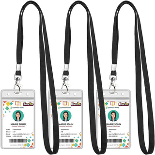 Koorito 3 Pack Clear ID Badge Holder with Lanyard Black Lanyards with Vertical Waterproof ID Badge Holder for Office, School, Travel