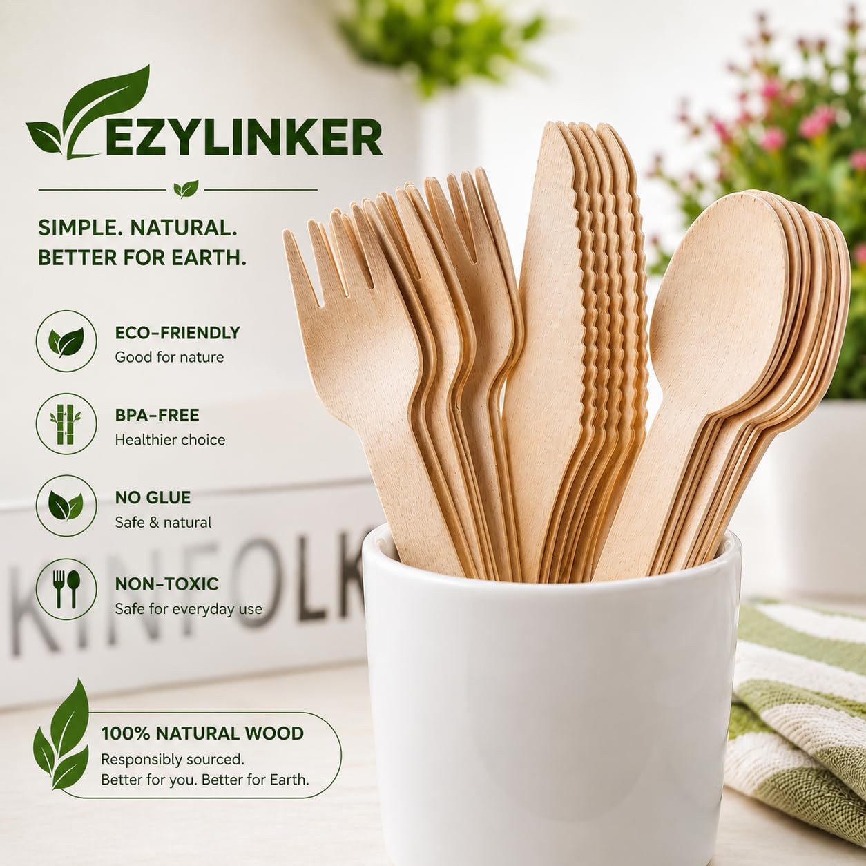 100% Compostable Cutlery Set - 150 Pieces Wooden Compostable Utensils [50 Forks, Knives, Spoons] - Disposable Wooden Cutlery, Eco Friendly Forks & Spoons Set Party Utensils
