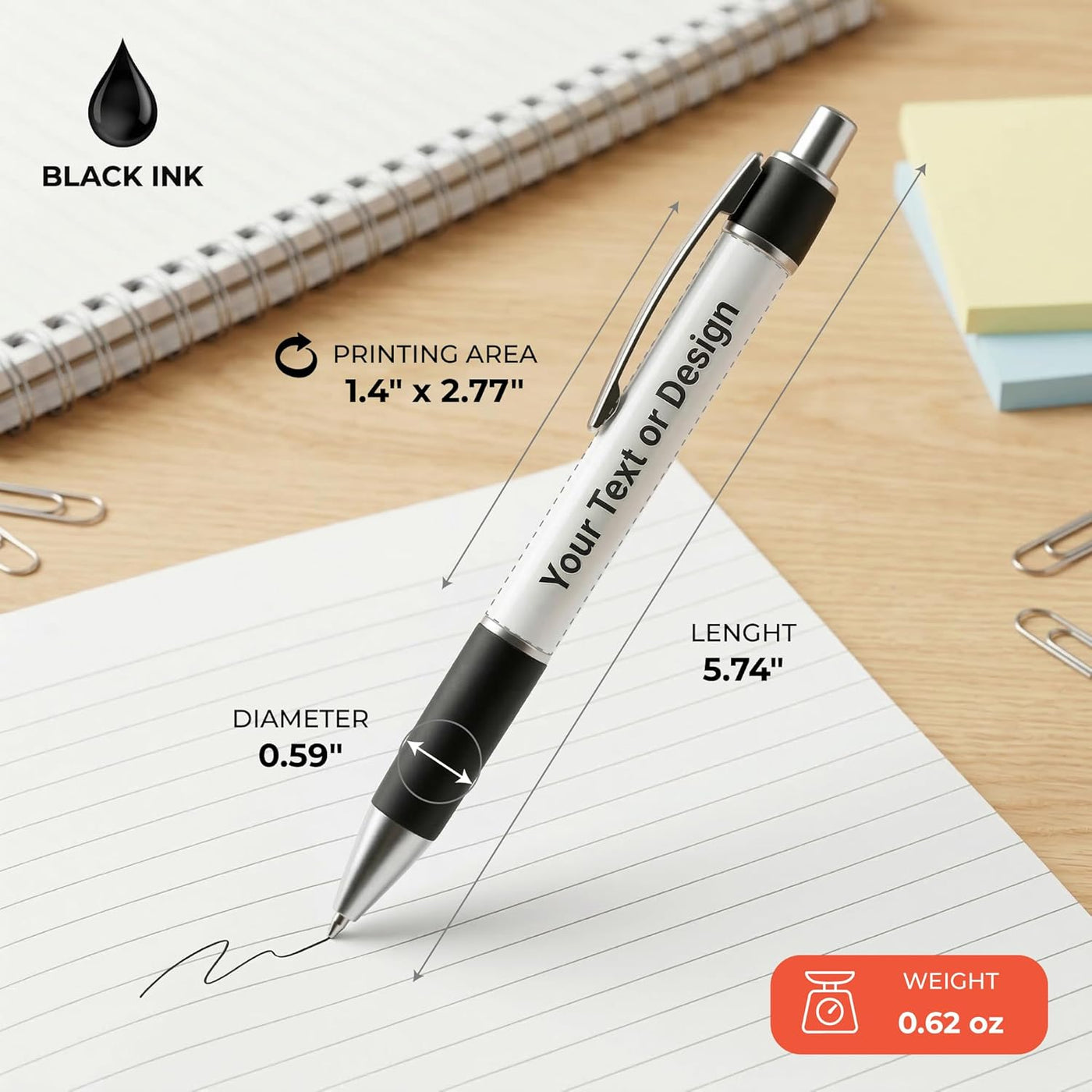 Personalized Ballpoint Pens, Customizable Writing Pens with Photo, Name or Text, Black Ink, Rubber Grip, Retractable, White, for Desk Accessories, Gifts, Party Favors, School Supplies