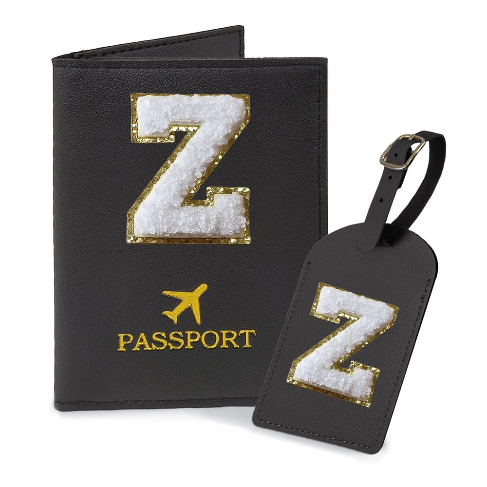 COSHAYSOO Purple Passport Cover Holder and Initial Luggage Tag Set TSA Approved with Personalized Monogram Chenille Letter Patch for Women Teen Girls, Cute Travel Bag Suitcase Identifier (A)