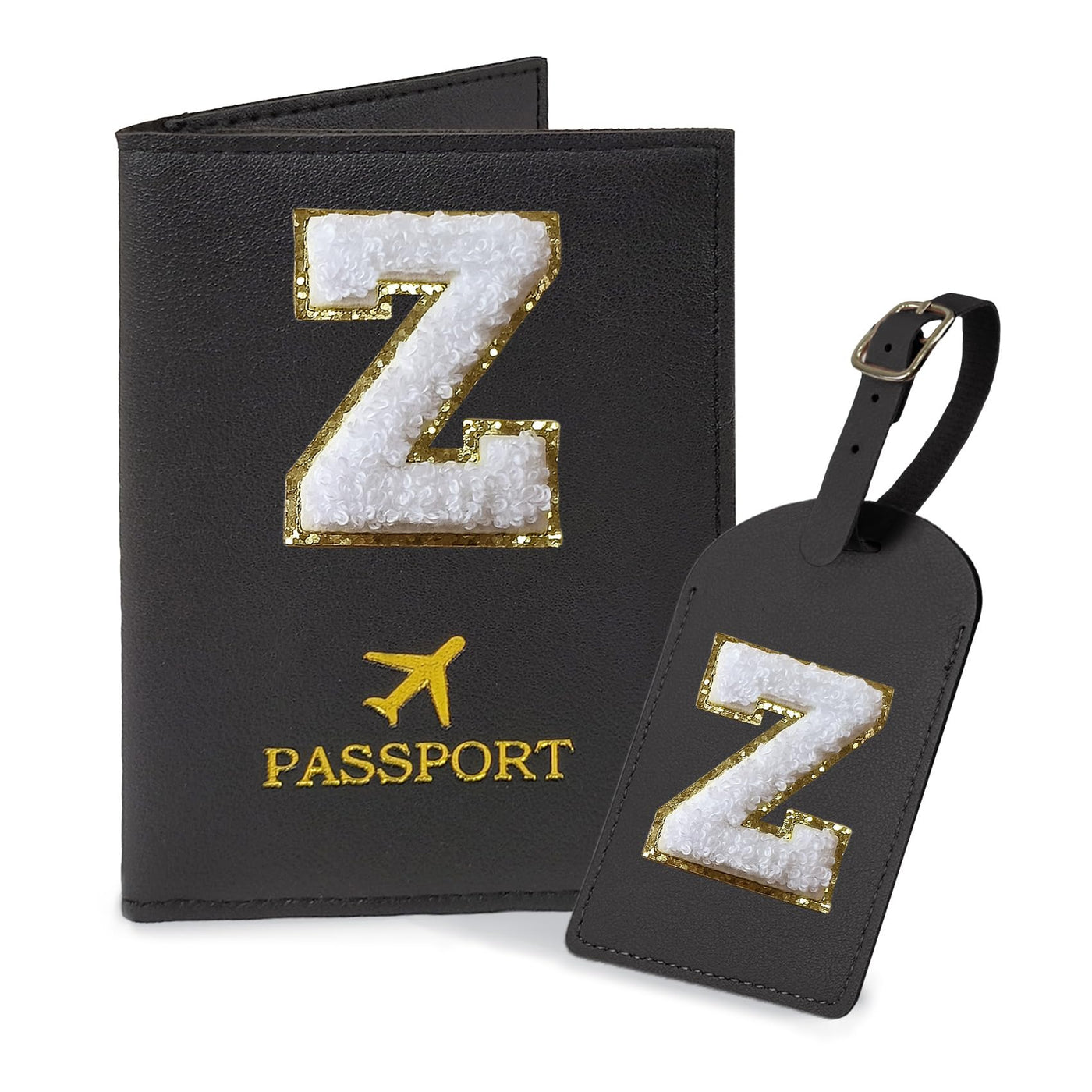 COSHAYSOO Purple Passport Cover Holder and Initial Luggage Tag Set TSA Approved with Personalized Monogram Chenille Letter Patch for Women Teen Girls, Cute Travel Bag Suitcase Identifier (A)