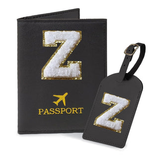 COSHAYSOO Purple Passport Cover Holder and Initial Luggage Tag Set TSA Approved with Personalized Monogram Chenille Letter Patch for Women Teen Girls, Cute Travel Bag Suitcase Identifier (A)