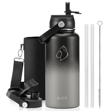 BUZIO 40oz Insulated Water Bottle, Triple Wall Vacuum Stainless Steel Water Flask with 2 lids, Lead-Free BPA-Free Straw Lid Sports Canteen Jug, Cold 48H & Hot 24H- Black