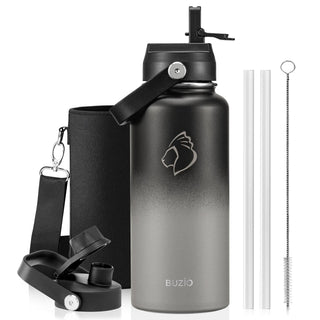 BUZIO 40oz Insulated Water Bottle, Triple Wall Vacuum Stainless Steel Water Flask with 2 lids, Lead-Free BPA-Free Straw Lid Sports Canteen Jug, Cold 48H & Hot 24H- Black