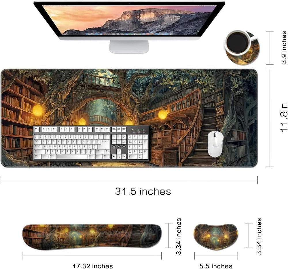 Desk Mat, Large Gaming Mouse Pad with Wrist Rest, 4 in1 XXL Mouse pad+Keyboard Wrist Rest+Mouse Pad Wrist Support+Cup Coaster Set, Ergonomic Desk Pad for Home Office, Trees Library