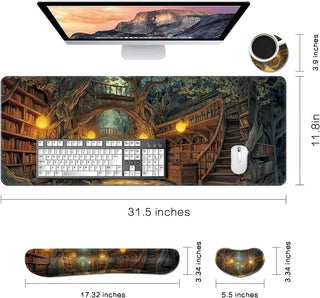 Desk Mat, Large Gaming Mouse Pad with Wrist Rest, 4 in1 XXL Mouse pad+Keyboard Wrist Rest+Mouse Pad Wrist Support+Cup Coaster Set, Ergonomic Desk Pad for Home Office, Trees Library