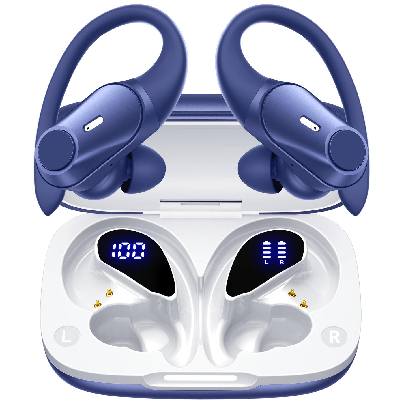 Active Noise Cancelling Ear Buds Wireless Earbuds 80H Playtime Bluetooth Headphones Over Ear Hooks Earphones with Power Display Case Hi-Res Stereo & Clear Calls for Sports Running Gym Workout Black