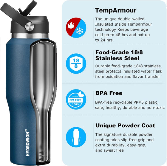 HYDROWION 32oz Stainless Steel Water Bottle(Cold for 48 Hrs, Hot for 24 Hrs), Double Wall Vacuum Insulated Water Flask with Straw Lid, Spout Lid and Flex Cap, Fit in Any Car Cup Holder, Cobalt - hover image