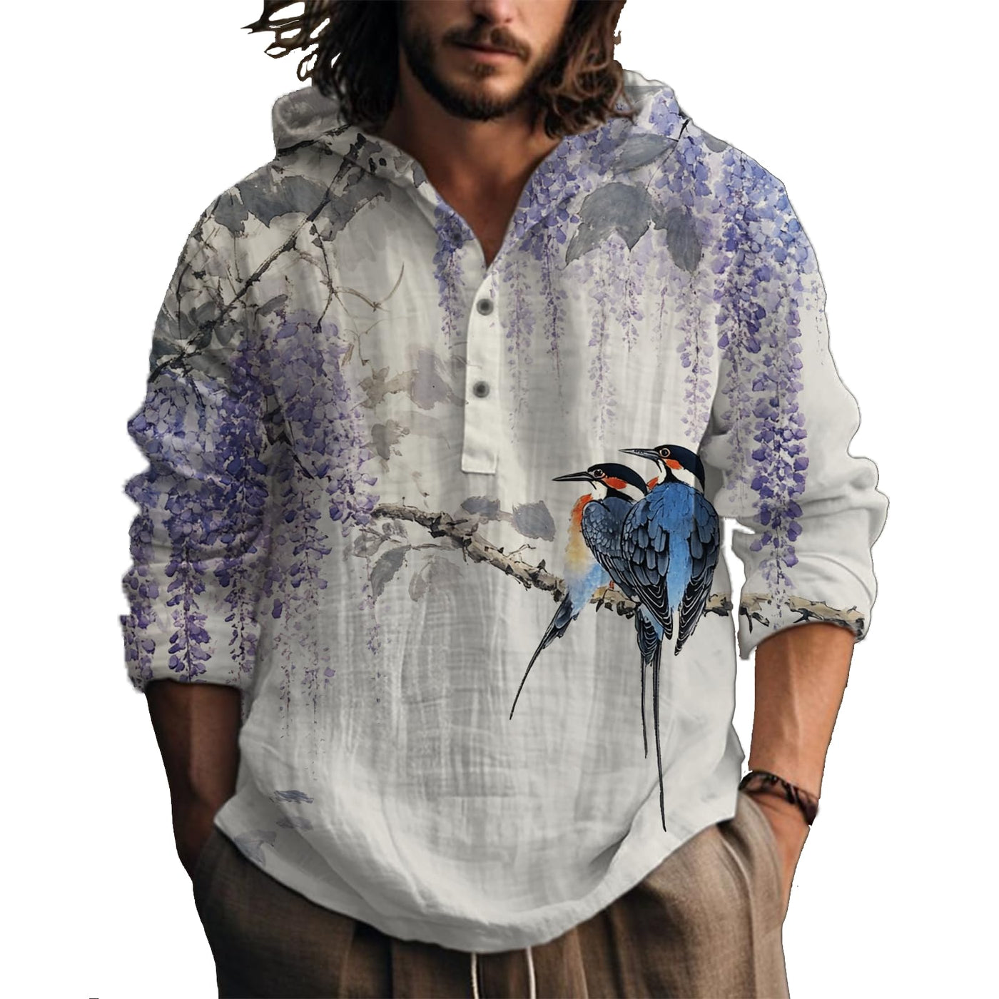 MARSVOVO Hooded Long Sleeve Shirt Men Fashion Graphic Button Up Lightweight Big and Tall Casual Vacation Shirts for Men