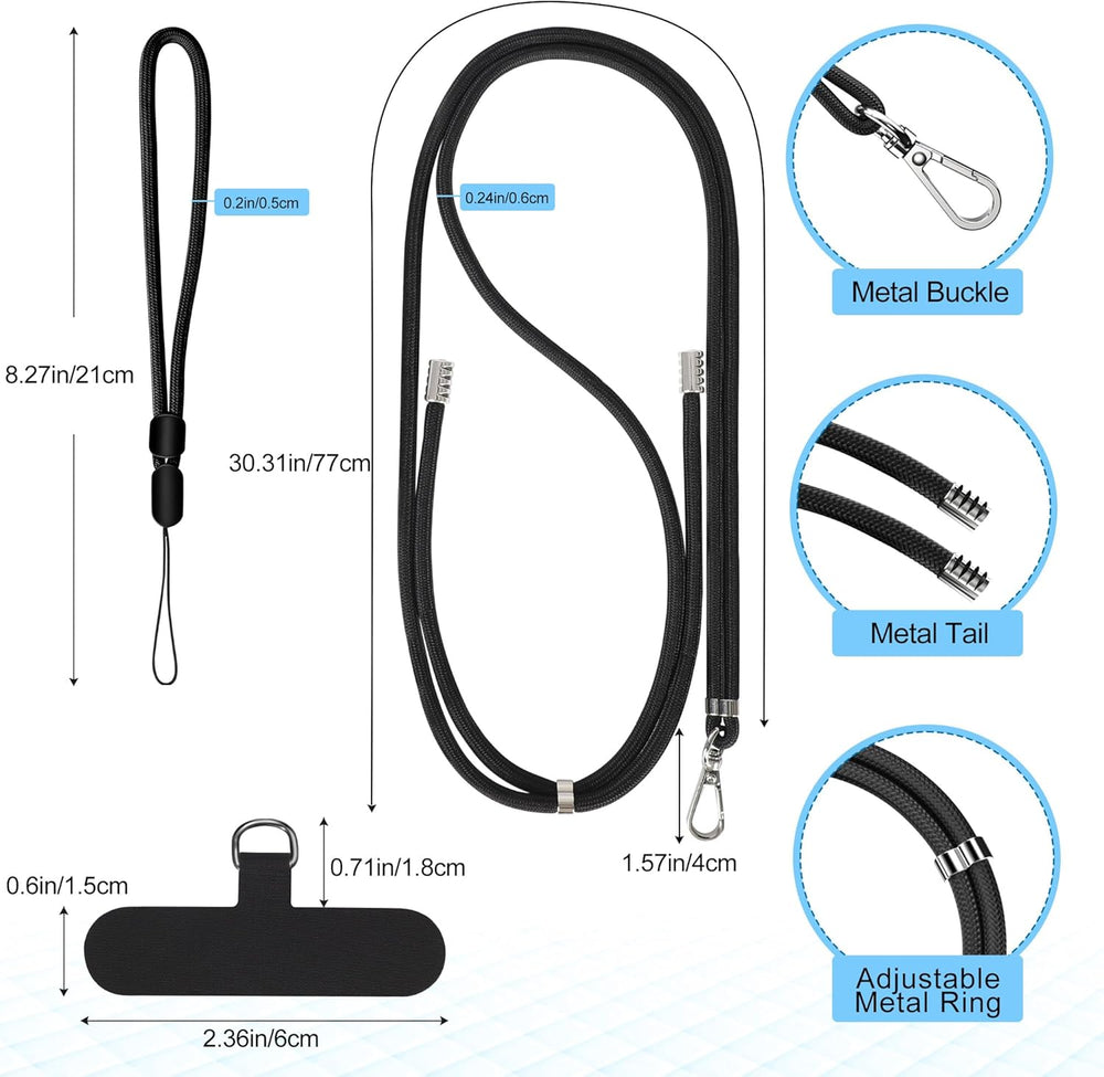 takyu Phone Lanyard, 2 Pack Adjustable Cell Phone Lanyard Crossbody Neck Strap & 2 Pack Phone Wrist Strap with 2 Pcs Tether Tabs Compatible for iPhone Android Smartphones-Black Grey