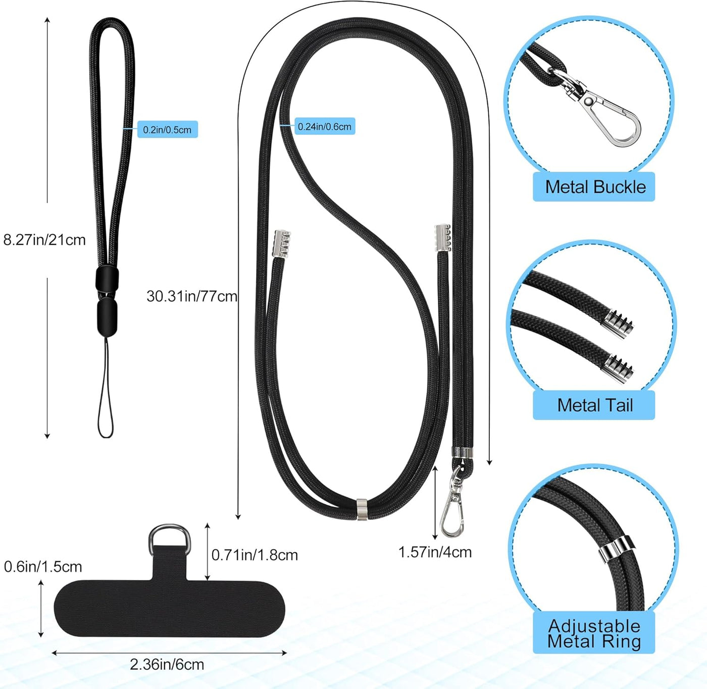 takyu Phone Lanyard, 2 Pack Adjustable Cell Phone Lanyard Crossbody Neck Strap & 2 Pack Phone Wrist Strap with 2 Pcs Tether Tabs Compatible for iPhone Android Smartphones-Black Grey