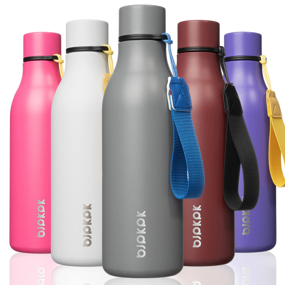 BJPKPK Insulated Water Bottles, 18 oz Stainless Steel Metal Water Bottle with Strap, BPA Free Leak Proof Jugs, Mugs, Flasks, Reusable Thermal Flasks for Sports & Travel, Orange