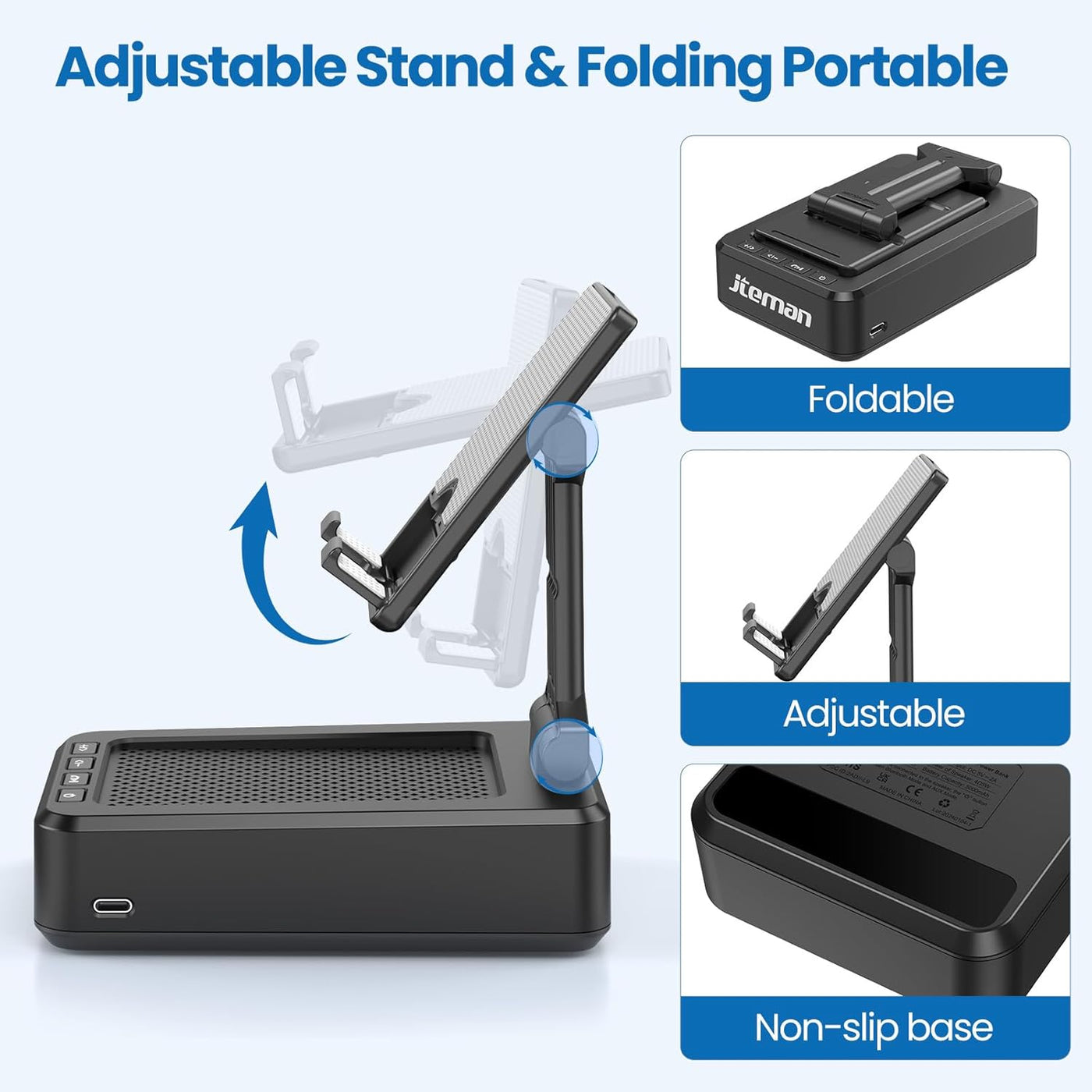 JTEMAN Cell Phone Stand with Bluetooth Speaker, HD Stereo Sound & Anti-Slip Base, Foldable Adjustable Desktop Phone Holder for Home Office, Cool Tech Gadgets Birthday Gifts for Men Women (Black)