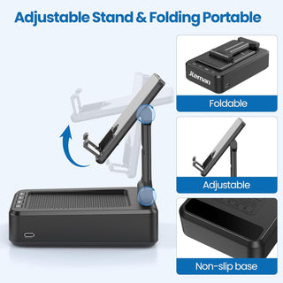 JTEMAN Cell Phone Stand with Bluetooth Speaker, HD Stereo Sound & Anti-Slip Base, Foldable Adjustable Desktop Phone Holder for Home Office, Cool Tech Gadgets Birthday Gifts for Men Women (Black)
