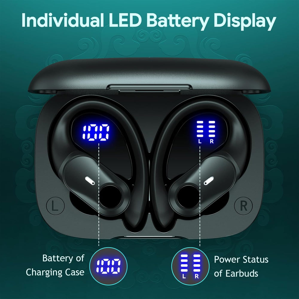 Active Noise Cancelling Ear Buds Wireless Earbuds 80H Playtime Bluetooth Headphones Over Ear Hooks Earphones with Power Display Case Hi-Res Stereo & Clear Calls for Sports Running Gym Workout Black