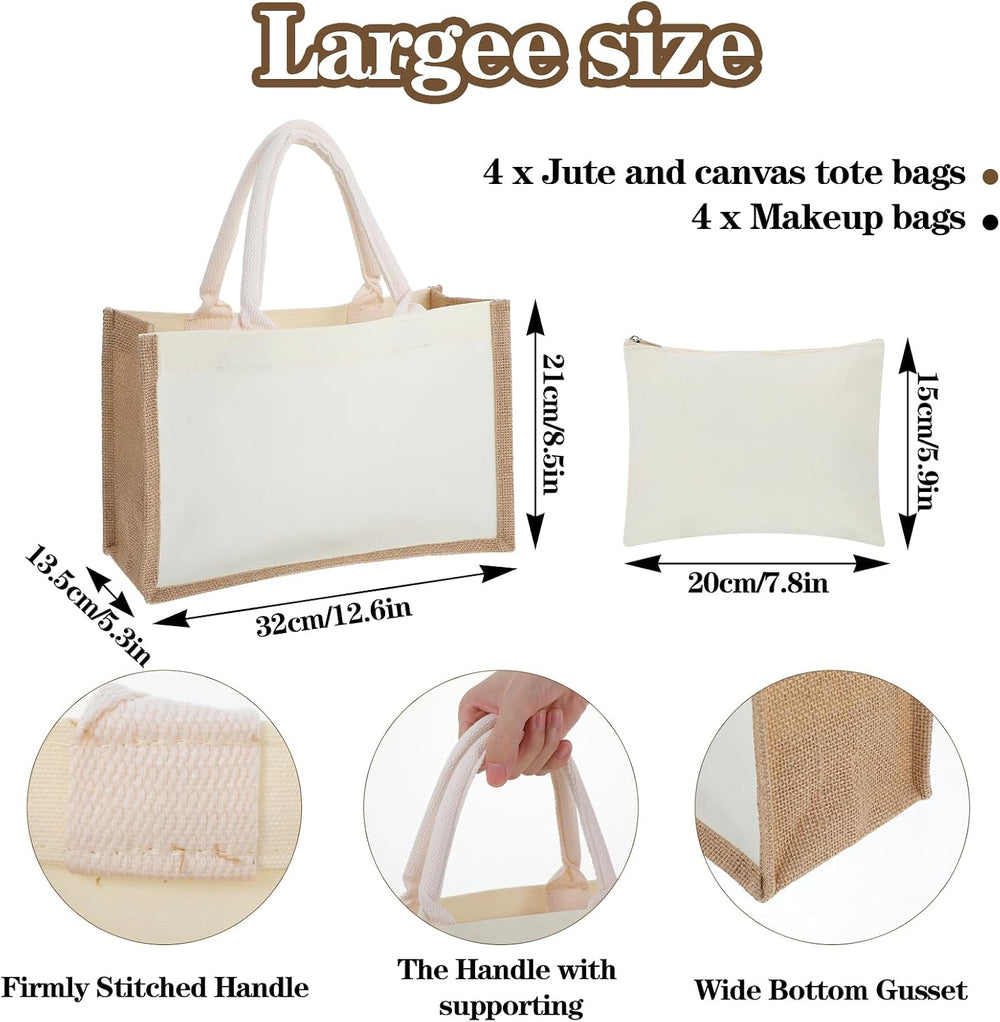 4 Sets Natural Burlap Tote Bags with Handles & Canvas Makeup Pouch, Reusable Jute Tote Bag for Wedding, Beach, Shopping, DIY Craft Blank Burlap Gift Bags with Handles